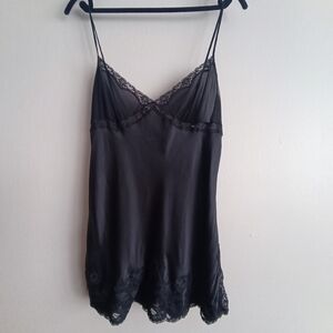 Victoria's Secret Black Silk Chemise Slip Dress With Lace Size L